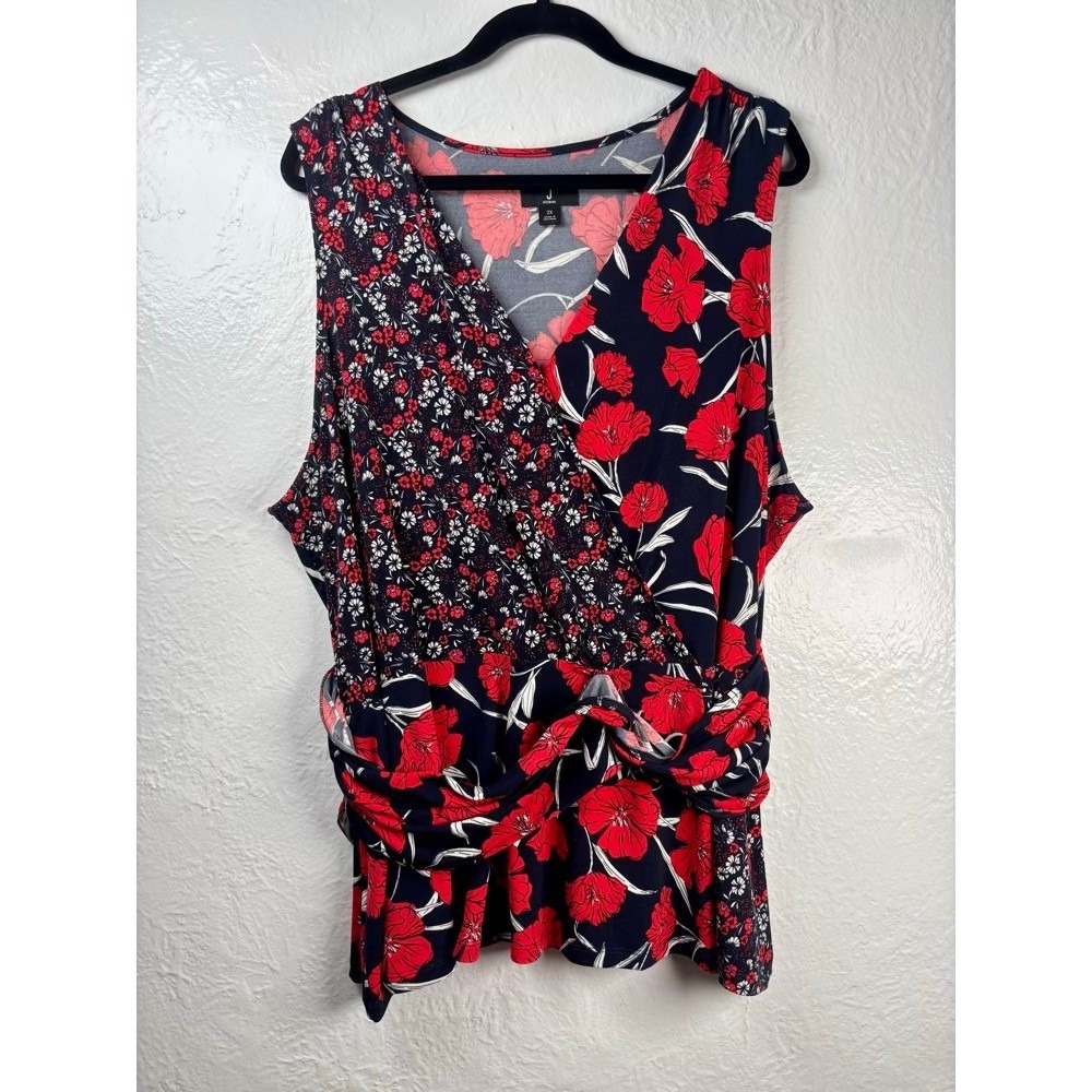 Jason Wu Sleeveless Top 2X Red Black Faux Wrap Draped Blouse Dark Floral Office